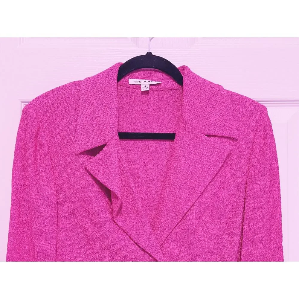 St. John Silk Wool Boucle Knit Single Button Blazer Jacket S/M Pink Preppy
